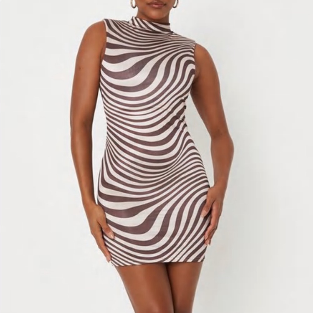 NWT 12 Carli Bybel x Missguided Brown Swirl Print Slinky Shoulder Pad Mini Dress